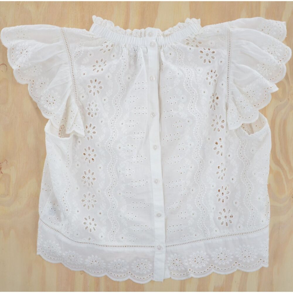 Jennifer & Grace Sz L Cotton Blouse Eyelet Cottagecore Feminine Flutter Sleeve
